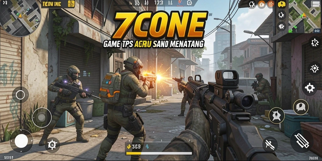 Screenshot 7CONE menampilkan aksi tembak-menembak yang intens.
