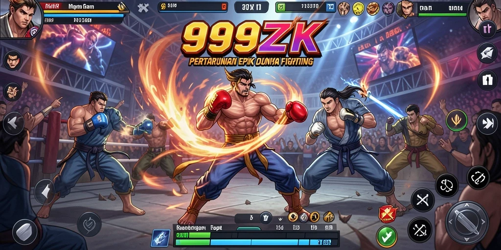 Screenshot utama 999ZK menampilkan pertarungan yang intens dan karakter yang mengesankan.