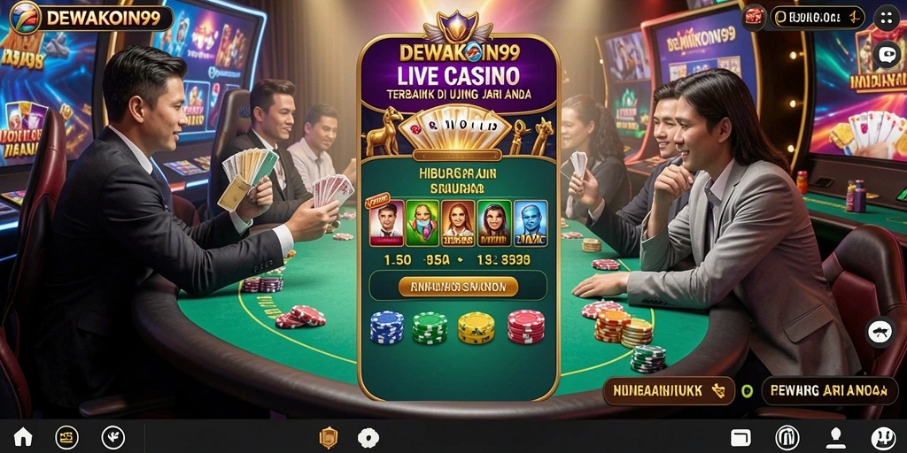 Screenshot gameplay DEWAKOIN99 memperlihatkan dealer langsung dan permainan seru.