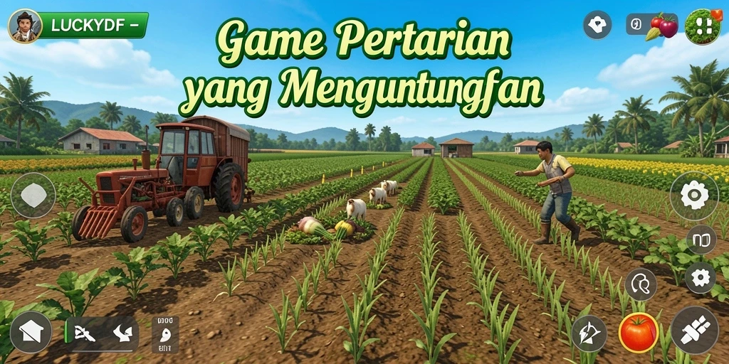 Screenshot gameplay LUCKYDF menampilkan lahan pertanian yang rimbun dan aktivitas bertani.