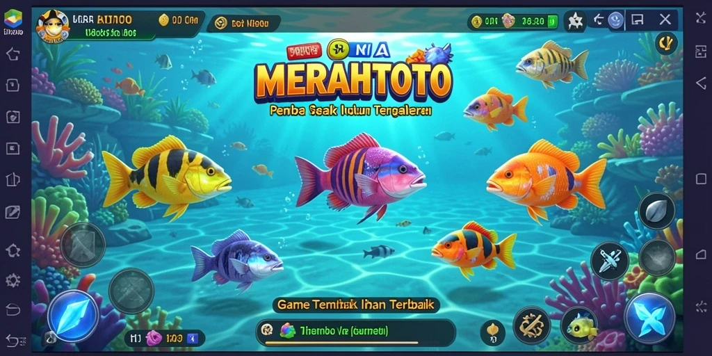 Tampilan seru gameplay MERAHTOTO dengan ikan berwarna-warni.