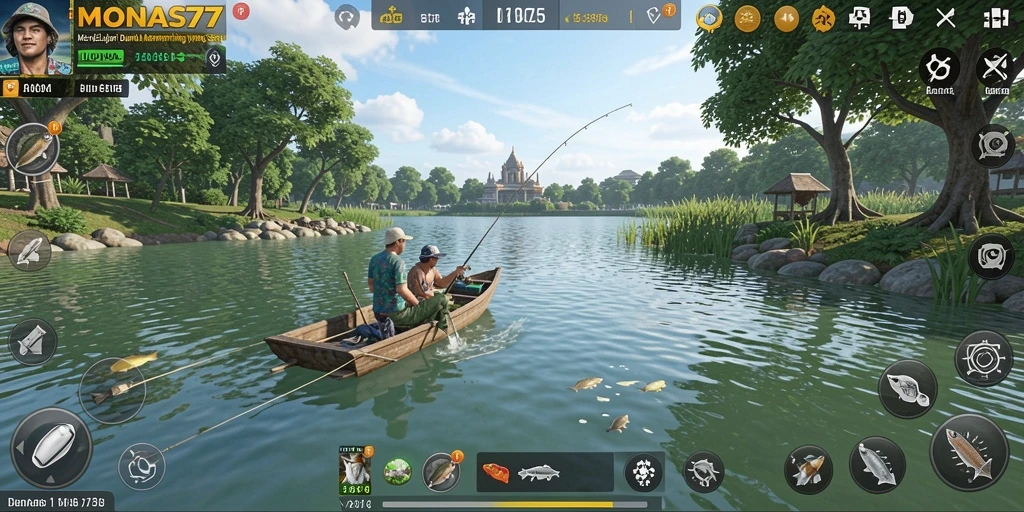 Tampilan gameplay MONAS77 yang menampilkan momen memancing penuh aksi.
