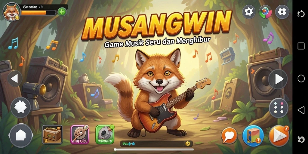 Screenshot gameplay MUSANGWIN menampilkan pemain bersenang-senang dengan musik.